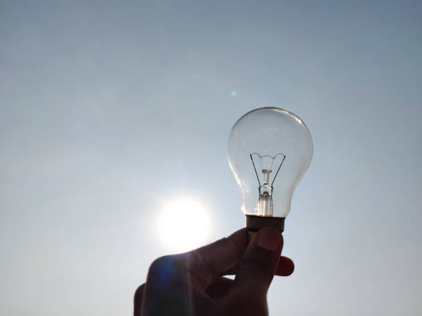 istock South Indian young man holding one light bulb with sunny sky background. 1308629529