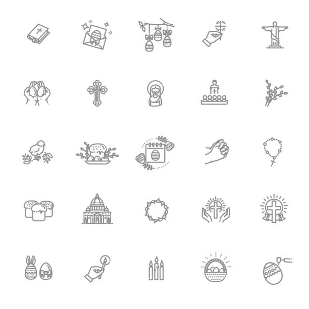Happy Easter icons set. Christianity vector symbols Christianity icon set. Set of the Easter related outline icons. jesus christ icon stock illustrations