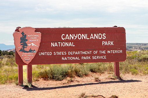 Moab, USA - July 31, 2015: entrance sign for Canyonlands national Park near Moab, USA.