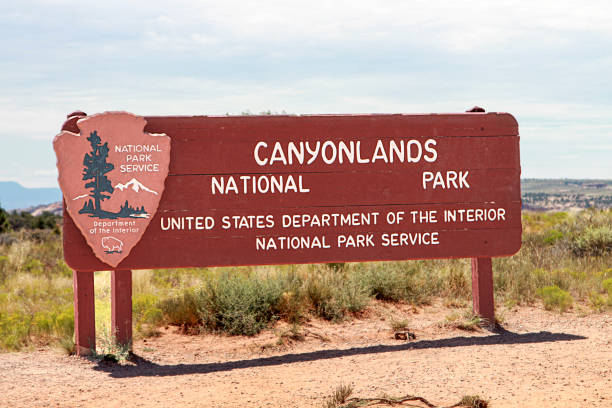 entrance sign for Canyonlands national Park near Moab, USA Moab, USA - July 31, 2015: entrance sign for Canyonlands national Park near Moab, USA. canyonlands national park stock pictures, royalty-free photos & images