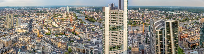 FRANKFURT, GERMANY - MAY 2, 2015: Aerial view of Frankfurt with skyline in Frankfurt, Germany. Frankfurt is the biggest city in Hesse, Germany.