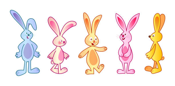 ilustraciones, imágenes clip art, dibujos animados e iconos de stock de conjunto de ilustraciones vectoriales de dibujos animados. colección de rabitts de dibujos animados estilizados aislados sobre fondo blanco. - rabbit baby rabbit hare standing