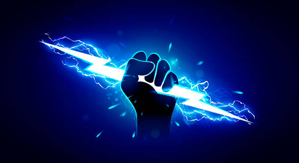 ilustrações de stock, clip art, desenhos animados e ícones de vector illustration hand holding powerful electric lightning. - hands only flash
