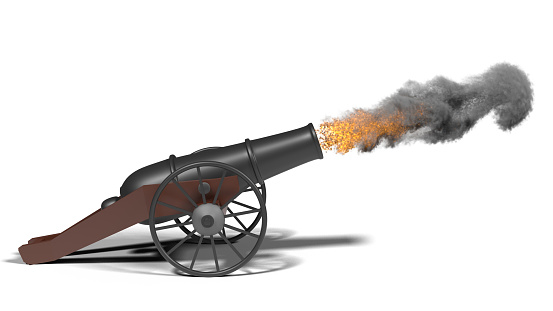 Traditional Ramadan cannon is firing to alert the end of fasting on white background. Ramadan concept. High quality 3D render easy to crop and cut out for social media, print and all other design needs.