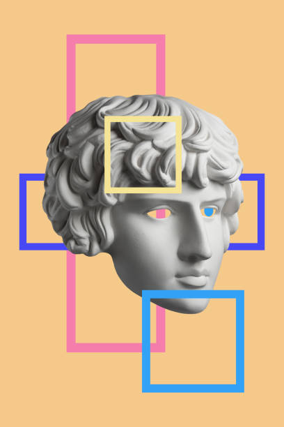 istock Collage with sculpture of human face in a pop art style. Modern creative concept image with ancient statue head. Zine culture. Contemporary art poster. Funky punk minimalism. Retro surreal design. 1308632134
