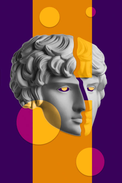 istock Collage with sculpture of human face in a pop art style. Modern creative concept image with ancient statue head. Zine culture. Contemporary art poster. Funky punk minimalism. Retro surreal design. 1308632150