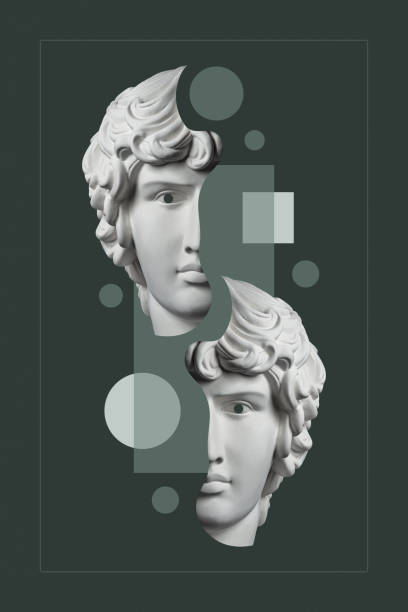 istock Collage with plaster antique sculpture of human face in a pop art style. Modern creative concept image with ancient statue head. Zine culture. Contemporary art poster. Funky minimalism. Retro design. 1308632151