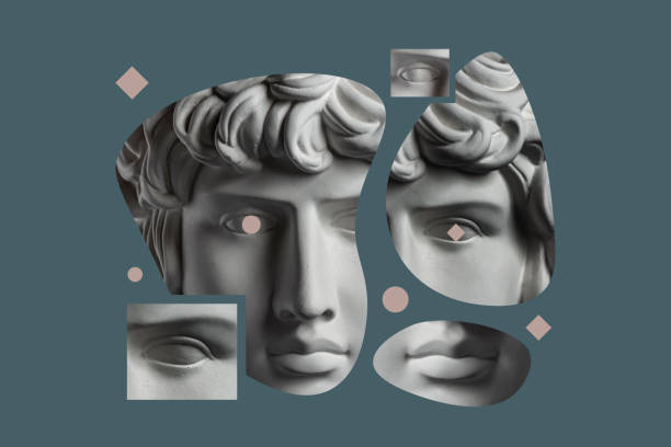 istock Collage with plaster antique sculpture of human face in a pop art style. Modern creative concept image with ancient statue head. Zine culture. Contemporary art poster. Funky minimalism. Retro design. 1308632162