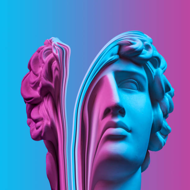 istock Collage with plaster antique sculpture of human face in a pop art style. Modern creative concept image with ancient statue head. Zine culture. Contemporary art poster. Funky minimalism. Retro design. 1308632180