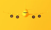 Yellow four-engine plane on yellow background. Minimal idea concept. 3d rendering