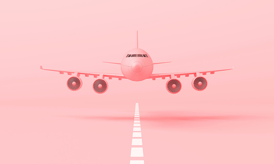 3d pink plane taking off from the landing strip. Front side view, minimal style, 3d rendering