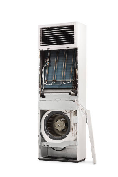 istock Self standing air conditioner with removed cover for servicing 1308636275
