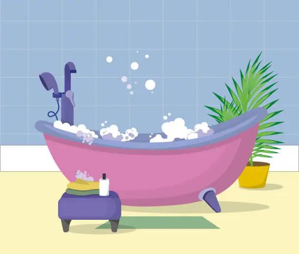 Vector illustration of Bathroom with foam. A bathroom with foam, an aus with a towel and shampoo, and a decorative potted flower. Interior, market, design element.