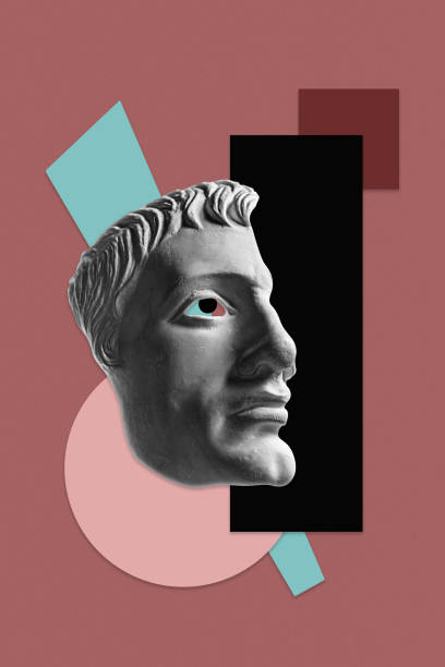 istock Collage with sculpture of human face in a pop art style. Modern creative concept image with ancient statue head. Zine culture. Contemporary art poster. Funky punk minimalism. Retro surreal design. 1308637101