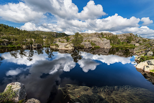Norway Landscape with Lake and Reflection. Cloudy Blue Sky. Beautiful Nature