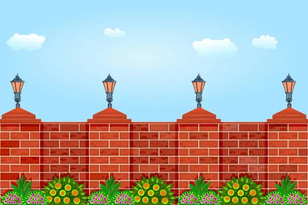 Vector illustration of Brick fence against the sky. Fence with pillars of bricks, street lamps, green plants and blue sky.