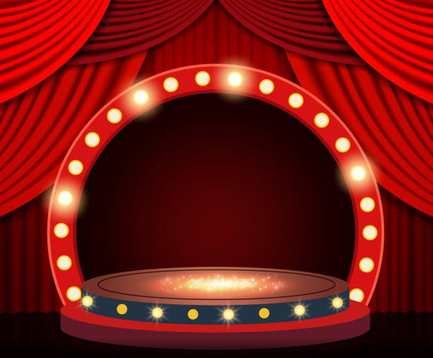 istock Background with red curtain, podium and retro arch banner. Design for presentation, concert, show 1308638044