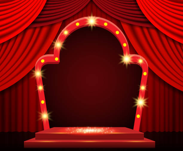 istock Background with red curtain, podium and retro arch banner. Design for presentation, concert, show 1308638653