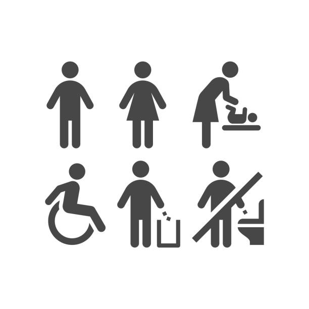 wc или туалет черный вектор значок набор - silhouette interface icons wheelchair icon set stock illustrations