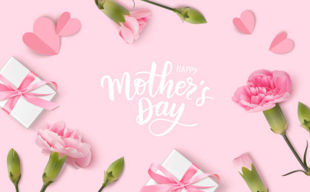 ilustrações de stock, clip art, desenhos animados e ícones de happy mothers day. calligraphic greeting text. holiday design template with realistic pink carnation flowers, gift boxes and paper hearts on pink background. - mother gift
