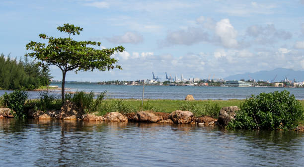 View of the cargo port from the bay stock photo