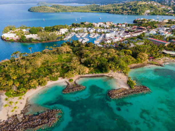 Les Trois-Ilets, Martinique, FWI - Aerial view of La Pointe du Bout and the Marina stock photo