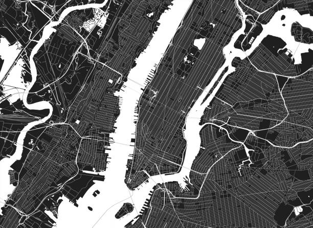 맨해튼 뉴욕시의 상세한 자치구지도, 흑백 벡터 포스터 또는 엽서 도시 거리 계획 공중 보기 - 맨해튼 stock illustrations