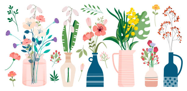 ilustraciones, imágenes clip art, dibujos animados e iconos de stock de flores de primavera en macetas - daffodil stem yellow spring