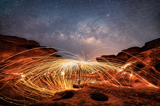 Man wielding spark fire swirl on rock canyon and holes with milky way in the night sky at Sam Phan Bok, Ubon Ratchathani
