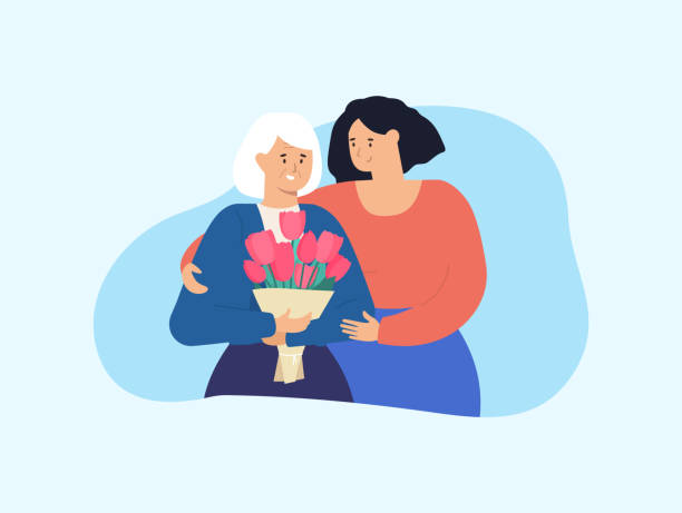 ilustrações de stock, clip art, desenhos animados e ícones de elderly mother and adult daughter. mothers day. vector - mother gift