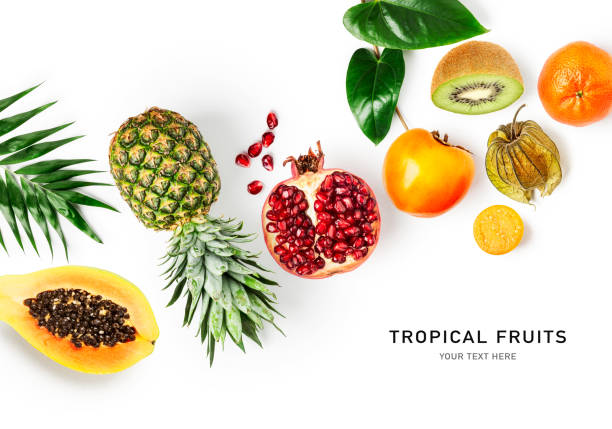 Tropical fruits and leaves creative layout isolated on white background. Healthy eating and food concept. Composition with papaya, pineapple, pomegranate, kiwi, physalis and persimmon. Flat lay