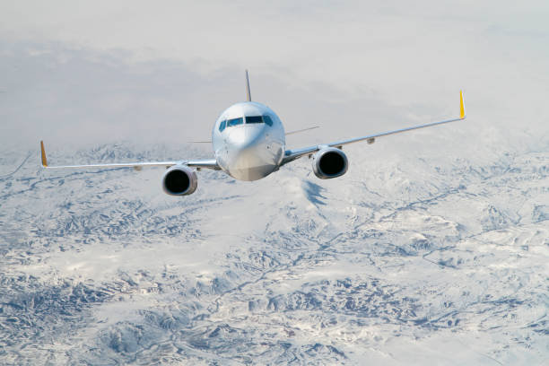 Passenger jet airplane flying in the sky above a mountain range in winter, with snow on top of the mountain peaks.