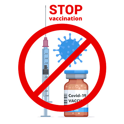 Anti-vaccination. Red forbidden sign with Medical syringe, needle for protection flu virus and coronavirus.