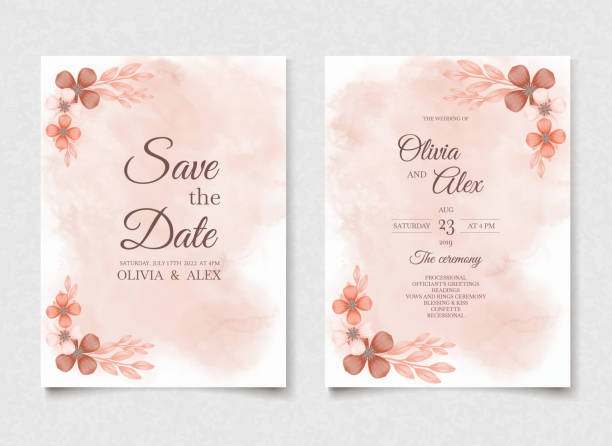 ilustraciones, imágenes clip art, dibujos animados e iconos de stock de tarjeta de flores de invitación de boda de acuarela naranja - soft coral