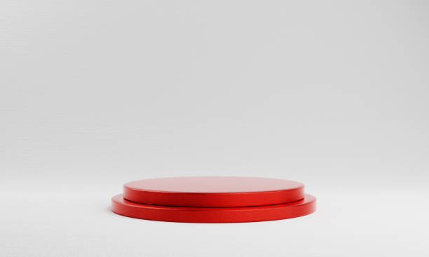 istock Red round cylinder product showcase on white background. Abstract minimal geometry concept. Studio podium platform. Exhibition presentation stage. 3D illustration render graphic design 1308650413