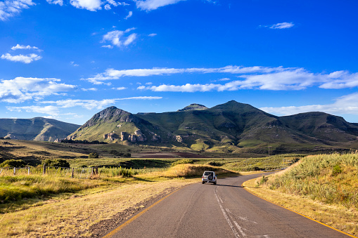 Travelling through the Golden Gate Highlands National Park, part of the Drakensberg mountain range in the Free State near Clarens, South Africa.