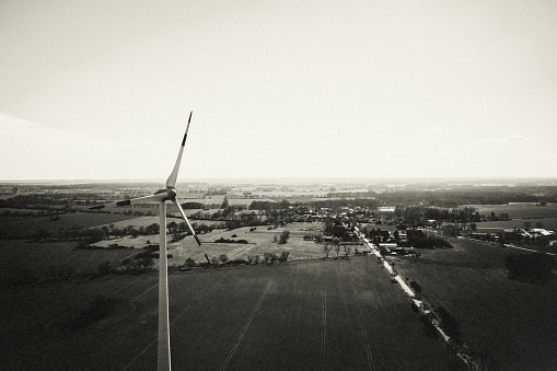 Aerial view, wind turbines, agriculture field