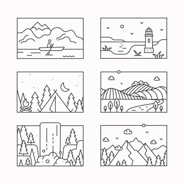 natura krajobraz cienka linia ikony izolowane na białym tle - outline hiking woods forest stock illustrations
