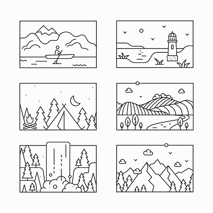 Nature landscape thin line vector icons. Travel concept. Outdoor recreation, traveling, hiking, camping thin line vector illustration for graphic prints, t-shirt design, web services, mobile applications. Editable strokes.