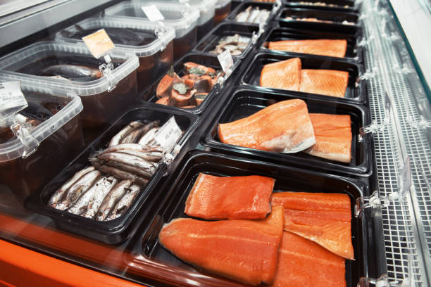 istock Fish and seafood stall in a market 1308653643