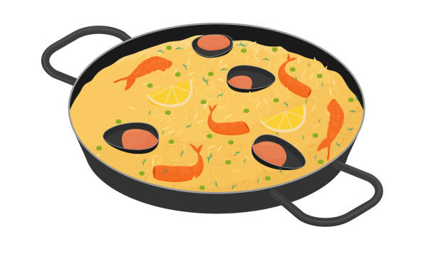 Spanish paella with shrimps, oysters and lemon Paella with shrimps, oysters and lemon. Traditional spanish food. Vector illustration isolated on white. shrimp prepared shrimp prawn cartoon stock illustrations