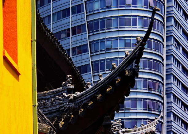 Jade Buddha Temple with modern skyscraper as background, Shanghai, China.