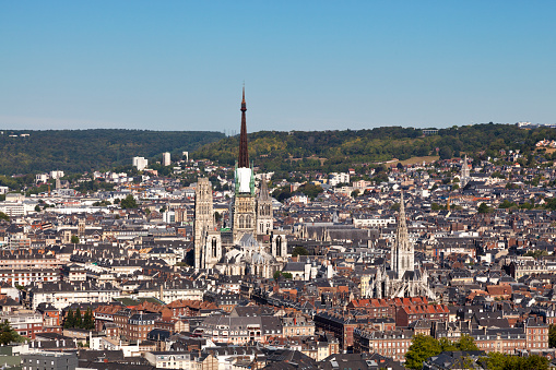 Aerial view of Rouen Cathedral (French: Cathédrale primatiale Notre-Dame de l'Assomption de Rouen)  and the church of Saint-Maclou (French: Église catholique Saint-Maclou) in Rouen, Normandy, France.