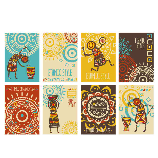 Set of ethnic banner, background, flyer, placard with tribal ornaments Set of ethnic banner, background, flyer, placard with tribal ornaments of red, yellow, blue and brown colors. Vertical vector poster, template card, sticker with geometric patterns and musicians. EPS8 drum percussion instrument stock illustrations