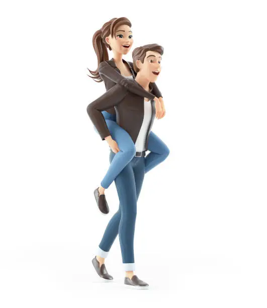 Photo of 3d cartoon man carrying woman on his back