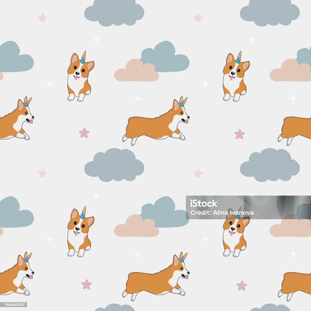 Seamless Childish Pattern With Cute Corgi Dog With Unicorn Horn Clouds  Stars Baby Texture For Fabric Wrapping Textile Wallpaper Clothing Vector  Illustration Stock Illustration - Download Image Now - iStock