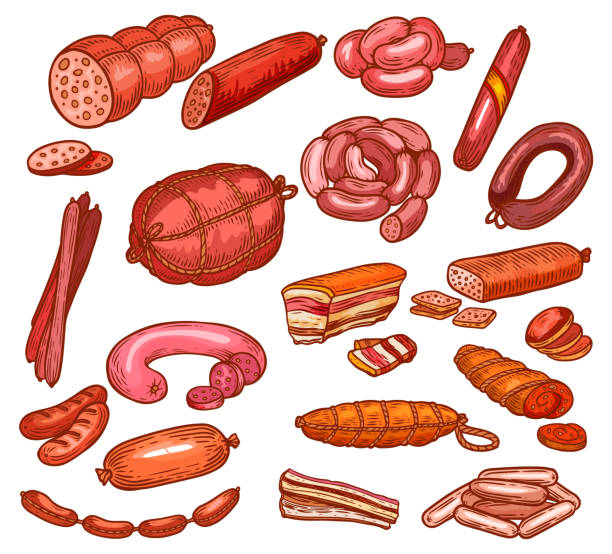 колбасы и мясо, мясной магазин гастронома пищевой эскиз - butchers shop butcher meat delicatessen stock illustrations