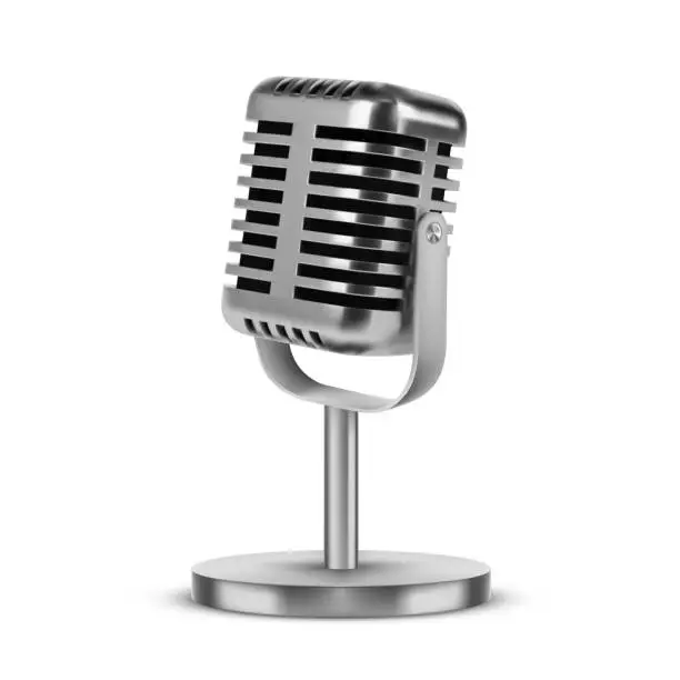 Vector illustration of Realistic 3D silver metal retro microphone on leg