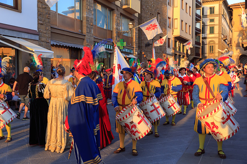 Florence, Italy, - September 26,2020: Traditional yearly festival parade of Chianti Rufina wine chariot Carro Matto and Cavalcata dei Magi.