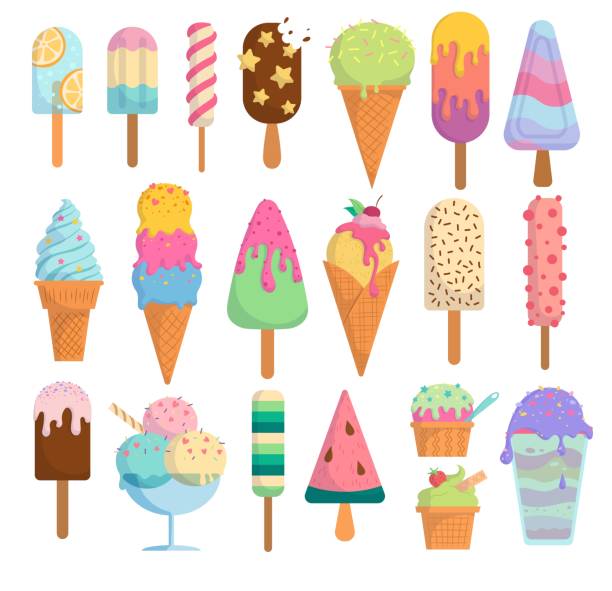 Isolated ice cream icons Isolated ice cream icons. Different ice cream, popsicles, fruit ice. Bright summertime poster with sweet food. Collection of scrapbooking elements for summer party. Set of cartoon vector illustrations snow cone stock illustrations